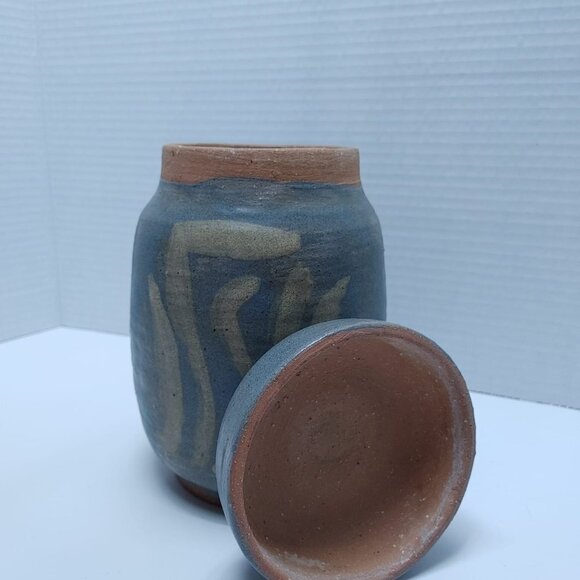 Vintage Artisan Made Blue Clay Jar with Lid blue gray studio ceramic lidded box - Picture 3 of 5
